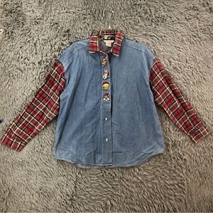 Top Line Shirt Large USA Vtg Looney Tunes Embroidered Denim Pearl Button Plaid